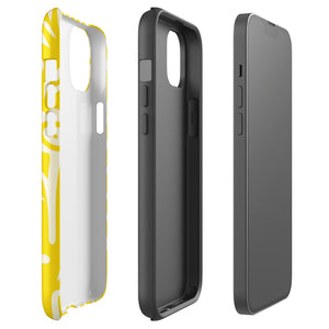 The Sol Dorado for iPhone by Statement Cases is a smartphone with a yellow case featuring a white, abstract floral and plant pattern. The camera lenses are prominent in the top left corner of the device. With dual-layer protection and impact-resistant TPU lining, "Statement Cases" is printed at the bottom of the case.