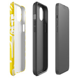 The Sol Dorado for iPhone by Statement Cases is a smartphone with a yellow case featuring a white, abstract floral and plant pattern. The camera lenses are prominent in the top left corner of the device. With dual-layer protection and impact-resistant TPU lining, "Statement Cases" is printed at the bottom of the case.