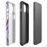 The Luna Morada for iPhone by Statement Cases is a durable phone case with a purple protective exterior featuring abstract dark purple and lavender patterns. The design includes geometric shapes and curves, giving it a modern artistic look. Made from impact-resistant polycarbonate, the lower part of the case prominently displays "STATEMENT CASES.