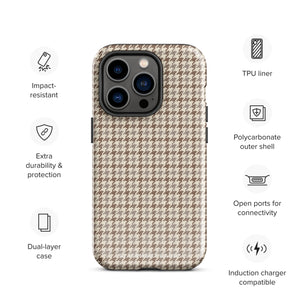 A smartphone with a brown and beige houndstooth-patterned case is shown from the back. The impact-resistant, dual-layered Classic Houndstooth for iPhone by Statement Cases protects the phone's body and leaves openings for the camera lenses and flash. The hues give the case a stylish and sophisticated appearance.