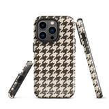 A Timeless Houndstooth for iPhone with a dual-camera system is encased in an impact-resistant polycarbonate, houndstooth-patterned case. The black and beige design features the brand name "Statement Cases" printed at the bottom, ensuring both style and dual-layer protection for your device.