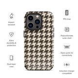 A Timeless Houndstooth for iPhone with a dual-camera system is encased in an impact-resistant polycarbonate, houndstooth-patterned case. The black and beige design features the brand name "Statement Cases" printed at the bottom, ensuring both style and dual-layer protection for your device.