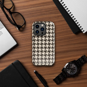 A Timeless Houndstooth for iPhone with a dual-camera system is encased in an impact-resistant polycarbonate, houndstooth-patterned case. The black and beige design features the brand name "Statement Cases" printed at the bottom, ensuring both style and dual-layer protection for your device.