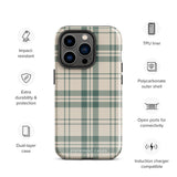 A smartphone with a beige and green plaid-patterned, impact-resistant polycarbonate case is shown. The phone’s rear camera lenses are prominently visible at the top left. The durable phone case features the words “Statement Cases” printed in small text at the bottom center. This is the Elegant Plaid for iPhone.