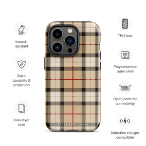 A Neutral Heritage Tartan for iPhone by Statement Cases with a plaid-patterned, impact-resistant polycarbonate case featuring beige, black, white, and red stripes. The durable phone case has the text "STATEMENT CASES" written at the bottom. The phone boasts a triple camera setup with an additional sensor and flash.