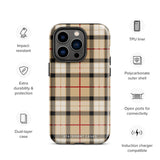 A Neutral Heritage Tartan for iPhone by Statement Cases with a plaid-patterned, impact-resistant polycarbonate case featuring beige, black, white, and red stripes. The durable phone case has the text "STATEMENT CASES" written at the bottom. The phone boasts a triple camera setup with an additional sensor and flash.