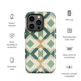 A Smartphone with a durable Old World Mosaic for iPhone case by Statement Cases showcasing a geometric pattern in shades of green, beige, and white. The symmetrical, angular designs create an almost star-like appearance. The impact-resistant polycarbonate construction ensures protection while the camera lenses remain visible at the top left corner.