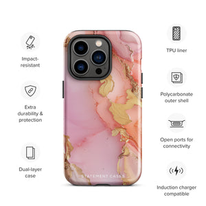 The Gold Blush Marble for iPhone showcases a glossy, marble-patterned case in shades of pink and gold. The decorative design features swirling patterns, seamlessly blending the colors. Crafted with impact-resistant polycarbonate for superior phone protection, "Statement Cases" is written in white at the bottom.