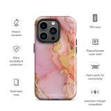 The Gold Blush Marble for iPhone showcases a glossy, marble-patterned case in shades of pink and gold. The decorative design features swirling patterns, seamlessly blending the colors. Crafted with impact-resistant polycarbonate for superior phone protection, "Statement Cases" is written in white at the bottom.