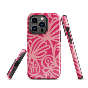 Introducing the Zafiro Rosa for iPhone by Statement Cases: a smartphone case featuring abstract floral and leaf patterns in various shades of pink. This dual-layer protection case combines an impact-resistant polycarbonate exterior with a TPU inner liner to ensure durability. The design showcases the brand name "Statement Cases" at the bottom, with precise cutouts revealing the phone’s camera lenses at the top left corner.