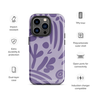 The Luna Morada for iPhone by Statement Cases is a durable phone case with a purple protective exterior featuring abstract dark purple and lavender patterns. The design includes geometric shapes and curves, giving it a modern artistic look. Made from impact-resistant polycarbonate, the lower part of the case prominently displays "STATEMENT CASES.