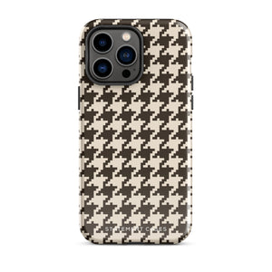 A Timeless Houndstooth for iPhone with a dual-camera system is encased in an impact-resistant polycarbonate, houndstooth-patterned case. The black and beige design features the brand name "Statement Cases" printed at the bottom, ensuring both style and dual-layer protection for your device.