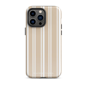 A beige and white striped, impact-resistant phone case for a smartphone. The Estate Stripe for iPhone features vertical stripes and dual-layer protection, designed to fit a phone with multiple camera lenses. The brand name "Statement Cases" is subtly printed at the bottom.