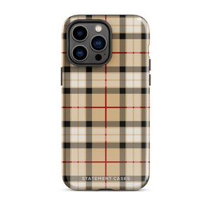 A Neutral Heritage Tartan for iPhone by Statement Cases with a plaid-patterned, impact-resistant polycarbonate case featuring beige, black, white, and red stripes. The durable phone case has the text "STATEMENT CASES" written at the bottom. The phone boasts a triple camera setup with an additional sensor and flash.