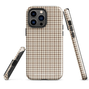 A smartphone with a brown and beige houndstooth-patterned case is shown from the back. The impact-resistant, dual-layered Classic Houndstooth for iPhone by Statement Cases protects the phone's body and leaves openings for the camera lenses and flash. The hues give the case a stylish and sophisticated appearance.