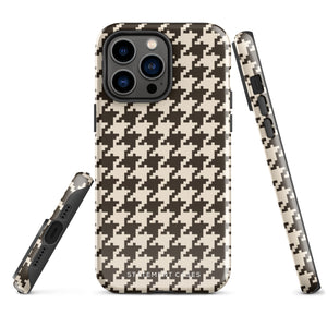 A Timeless Houndstooth for iPhone with a dual-camera system is encased in an impact-resistant polycarbonate, houndstooth-patterned case. The black and beige design features the brand name "Statement Cases" printed at the bottom, ensuring both style and dual-layer protection for your device.