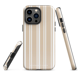 A beige and white striped, impact-resistant phone case for a smartphone. The Estate Stripe for iPhone features vertical stripes and dual-layer protection, designed to fit a phone with multiple camera lenses. The brand name "Statement Cases" is subtly printed at the bottom.