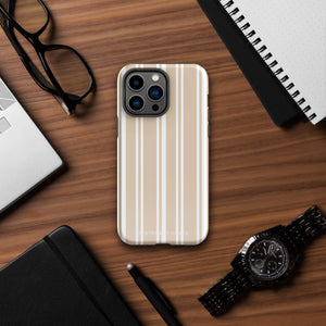 A beige and white striped, impact-resistant phone case for a smartphone. The Estate Stripe for iPhone features vertical stripes and dual-layer protection, designed to fit a phone with multiple camera lenses. The brand name "Statement Cases" is subtly printed at the bottom.