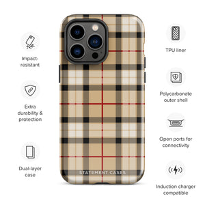 A Neutral Heritage Tartan for iPhone by Statement Cases with a plaid-patterned, impact-resistant polycarbonate case featuring beige, black, white, and red stripes. The durable phone case has the text "STATEMENT CASES" written at the bottom. The phone boasts a triple camera setup with an additional sensor and flash.