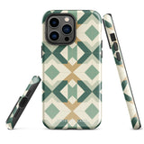 A Smartphone with a durable Old World Mosaic for iPhone case by Statement Cases showcasing a geometric pattern in shades of green, beige, and white. The symmetrical, angular designs create an almost star-like appearance. The impact-resistant polycarbonate construction ensures protection while the camera lenses remain visible at the top left corner.