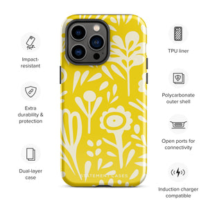 The Sol Dorado for iPhone by Statement Cases is a smartphone with a yellow case featuring a white, abstract floral and plant pattern. The camera lenses are prominent in the top left corner of the device. With dual-layer protection and impact-resistant TPU lining, "Statement Cases" is printed at the bottom of the case.