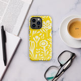 The Sol Dorado for iPhone by Statement Cases is a smartphone with a yellow case featuring a white, abstract floral and plant pattern. The camera lenses are prominent in the top left corner of the device. With dual-layer protection and impact-resistant TPU lining, "Statement Cases" is printed at the bottom of the case.