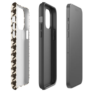 A Timeless Houndstooth for iPhone with a dual-camera system is encased in an impact-resistant polycarbonate, houndstooth-patterned case. The black and beige design features the brand name "Statement Cases" printed at the bottom, ensuring both style and dual-layer protection for your device.