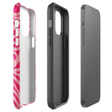 Introducing the Zafiro Rosa for iPhone by Statement Cases: a smartphone case featuring abstract floral and leaf patterns in various shades of pink. This dual-layer protection case combines an impact-resistant polycarbonate exterior with a TPU inner liner to ensure durability. The design showcases the brand name "Statement Cases" at the bottom, with precise cutouts revealing the phone’s camera lenses at the top left corner.