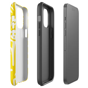 The Sol Dorado for iPhone by Statement Cases is a smartphone with a yellow case featuring a white, abstract floral and plant pattern. The camera lenses are prominent in the top left corner of the device. With dual-layer protection and impact-resistant TPU lining, "Statement Cases" is printed at the bottom of the case.