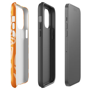 A Savannah Ardiente for iPhone from Statement Cases, featuring a dual-layered phone case in orange with a floral pattern showcasing cream-colored flowers, leaves, and geometric shapes. This impact-resistant polycarbonate case displays "STATEMENT CASES" at the bottom and reveals the camera lenses at the top left corner.