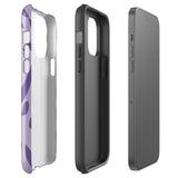 The Luna Morada for iPhone by Statement Cases is a durable phone case with a purple protective exterior featuring abstract dark purple and lavender patterns. The design includes geometric shapes and curves, giving it a modern artistic look. Made from impact-resistant polycarbonate, the lower part of the case prominently displays "STATEMENT CASES.