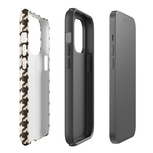 A Timeless Houndstooth for iPhone with a dual-camera system is encased in an impact-resistant polycarbonate, houndstooth-patterned case. The black and beige design features the brand name "Statement Cases" printed at the bottom, ensuring both style and dual-layer protection for your device.