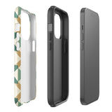 A Smartphone with a durable Old World Mosaic for iPhone case by Statement Cases showcasing a geometric pattern in shades of green, beige, and white. The symmetrical, angular designs create an almost star-like appearance. The impact-resistant polycarbonate construction ensures protection while the camera lenses remain visible at the top left corner.