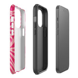 Introducing the Zafiro Rosa for iPhone by Statement Cases: a smartphone case featuring abstract floral and leaf patterns in various shades of pink. This dual-layer protection case combines an impact-resistant polycarbonate exterior with a TPU inner liner to ensure durability. The design showcases the brand name "Statement Cases" at the bottom, with precise cutouts revealing the phone’s camera lenses at the top left corner.