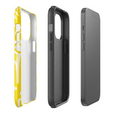 The Sol Dorado for iPhone by Statement Cases is a smartphone with a yellow case featuring a white, abstract floral and plant pattern. The camera lenses are prominent in the top left corner of the device. With dual-layer protection and impact-resistant TPU lining, "Statement Cases" is printed at the bottom of the case.