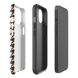 A Timeless Houndstooth for iPhone with a dual-camera system is encased in an impact-resistant polycarbonate, houndstooth-patterned case. The black and beige design features the brand name "Statement Cases" printed at the bottom, ensuring both style and dual-layer protection for your device.