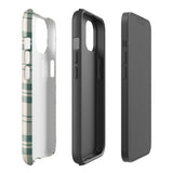 A smartphone with a beige and green plaid-patterned, impact-resistant polycarbonate case is shown. The phone’s rear camera lenses are prominently visible at the top left. The durable phone case features the words “Statement Cases” printed in small text at the bottom center. This is the Elegant Plaid for iPhone.