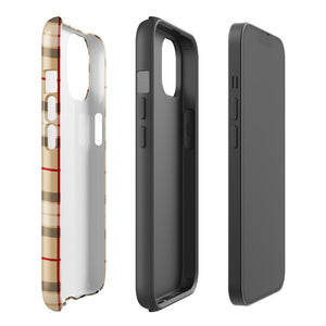 A Neutral Heritage Tartan for iPhone by Statement Cases with a plaid-patterned, impact-resistant polycarbonate case featuring beige, black, white, and red stripes. The durable phone case has the text "STATEMENT CASES" written at the bottom. The phone boasts a triple camera setup with an additional sensor and flash.