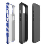 An iPhone encased in the "Mariposa Azul" by Statement Cases, featuring a blue design with an abstract white leaf pattern. The case combines curved and pointed shapes and provides dual-layer protection with TPU lining and impact-resistant polycarbonate. Camera lenses and other top elements remain unobstructed, and "Statement Cases" is inscribed at the bottom.