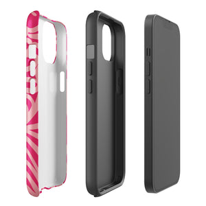 Introducing the Zafiro Rosa for iPhone by Statement Cases: a smartphone case featuring abstract floral and leaf patterns in various shades of pink. This dual-layer protection case combines an impact-resistant polycarbonate exterior with a TPU inner liner to ensure durability. The design showcases the brand name "Statement Cases" at the bottom, with precise cutouts revealing the phone’s camera lenses at the top left corner.