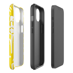 The Sol Dorado for iPhone by Statement Cases is a smartphone with a yellow case featuring a white, abstract floral and plant pattern. The camera lenses are prominent in the top left corner of the device. With dual-layer protection and impact-resistant TPU lining, "Statement Cases" is printed at the bottom of the case.