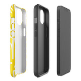 The Sol Dorado for iPhone by Statement Cases is a smartphone with a yellow case featuring a white, abstract floral and plant pattern. The camera lenses are prominent in the top left corner of the device. With dual-layer protection and impact-resistant TPU lining, "Statement Cases" is printed at the bottom of the case.