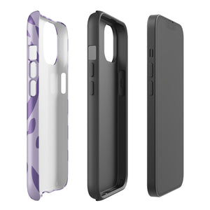 The Luna Morada for iPhone by Statement Cases is a durable phone case with a purple protective exterior featuring abstract dark purple and lavender patterns. The design includes geometric shapes and curves, giving it a modern artistic look. Made from impact-resistant polycarbonate, the lower part of the case prominently displays "STATEMENT CASES.