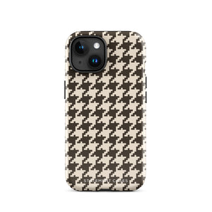 A Timeless Houndstooth for iPhone with a dual-camera system is encased in an impact-resistant polycarbonate, houndstooth-patterned case. The black and beige design features the brand name "Statement Cases" printed at the bottom, ensuring both style and dual-layer protection for your device.