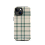 A smartphone with a beige and green plaid-patterned, impact-resistant polycarbonate case is shown. The phone’s rear camera lenses are prominently visible at the top left. The durable phone case features the words “Statement Cases” printed in small text at the bottom center. This is the Elegant Plaid for iPhone.