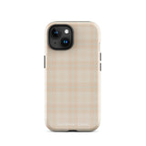 A smartphone with a plaid design case is displayed. The durable phone case features a beige and light brown checked pattern. The phone's camera lenses are visible at the top left corner. With dual-layer protection, the bottom of the impact-resistant polycarbonate Sophisticated Plaid for iPhone case reads "Statement Cases" in white.