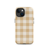 A Gingham Grace for iPhone by Statement Cases is covered with a protective case featuring a beige and white checkered pattern. The case's design includes a matte finish, dual-layer protection with an impact-resistant polycarbonate exterior and TPU lining, and the text "Statement Cases" printed near the bottom. The phone's cameras and buttons are visible.