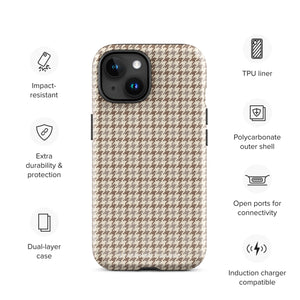 A smartphone with a brown and beige houndstooth-patterned case is shown from the back. The impact-resistant, dual-layered Classic Houndstooth for iPhone by Statement Cases protects the phone's body and leaves openings for the camera lenses and flash. The hues give the case a stylish and sophisticated appearance.