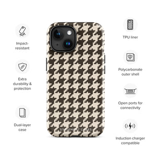 A Timeless Houndstooth for iPhone with a dual-camera system is encased in an impact-resistant polycarbonate, houndstooth-patterned case. The black and beige design features the brand name "Statement Cases" printed at the bottom, ensuring both style and dual-layer protection for your device.