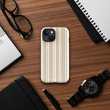 A beige and white striped, impact-resistant phone case for a smartphone. The Estate Stripe for iPhone features vertical stripes and dual-layer protection, designed to fit a phone with multiple camera lenses. The brand name "Statement Cases" is subtly printed at the bottom.